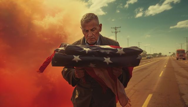 Aging Veteran Holding American Flag at Sunset Amid Orange Smoke