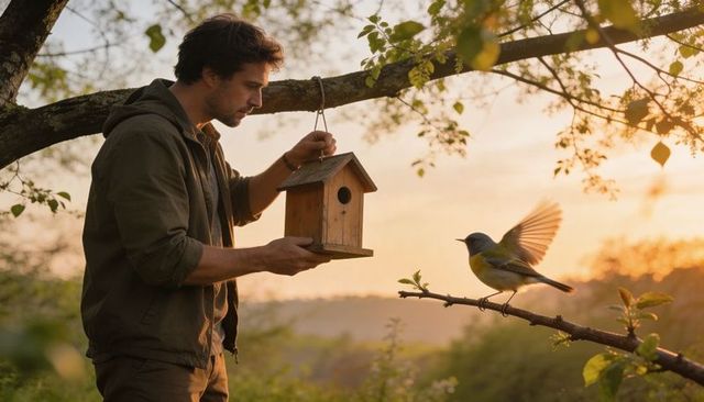Man hanging wooden birdhouse in orchard at golden hour with yellow songbird watching