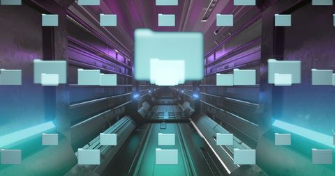 Digital Network Security with Data Icons in Futuristic Tunnel