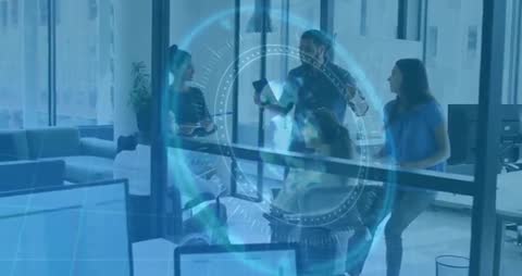 Team Collaborating with Holographic Interface in Modern Office