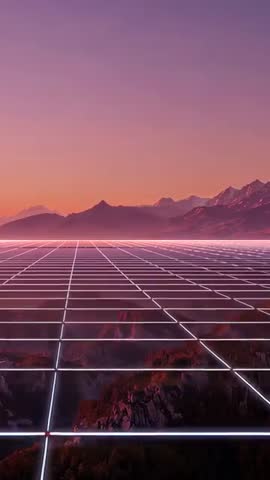 Gliding Neon Grid Over Canyon at Sunset | Retrofuturism Synthwave Vertical Video Loop