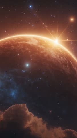 Vertical Cinematic Planet Horizon Tilting as Rising Star Illuminating Nebula and Surface