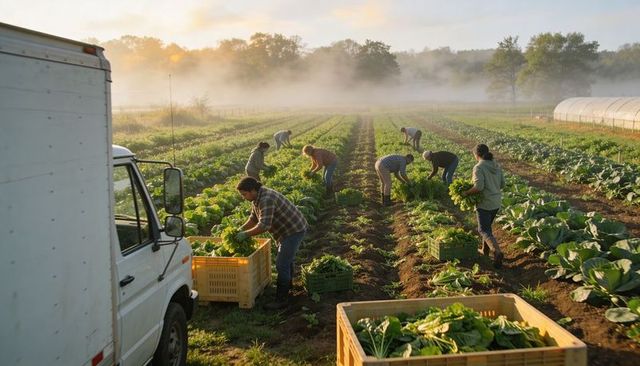 Workers harvesting lettuce at misty dawn on organic farm with delivery truck