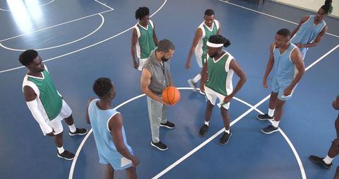 Basketball Team Listening to Coach with Strategy During Training