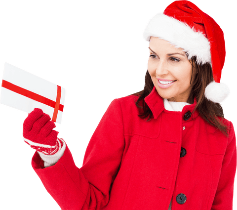 Smiling Woman in Santa Costume Holding Christmas Present Transparent
