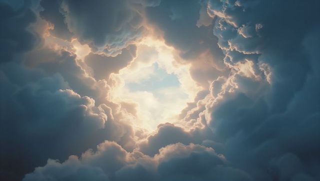 Heavenly Cumulus Clouds with Sunrays in Sky Portal