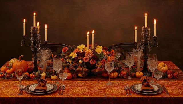 Elegant autumn dining table decor with candles and pumpkins