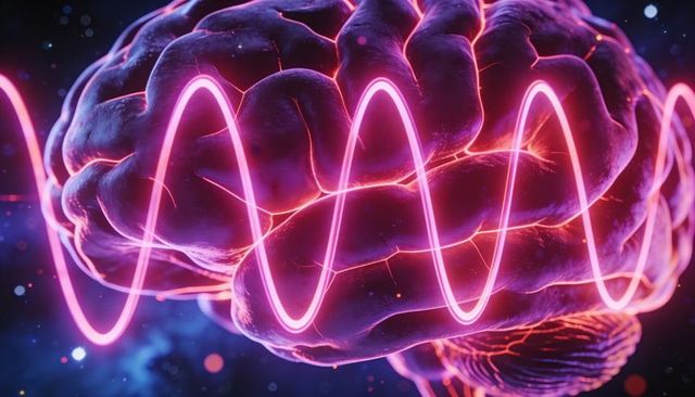 Neon Brain Waves: 3D Glowing Cortex Pulsing with Pink Sine-Wave Ribbon, Neural Signal