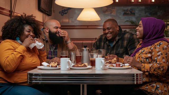 Laughing diverse friends sharing pie and coffee in cozy retro diner booth gathering