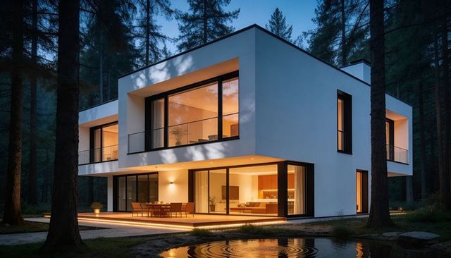 Minimalist modern house in forest at dusk with glass facade, lit terrace and pond reflection