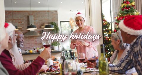 Diverse Seniors Celebrating Christmas with Festive Dinner