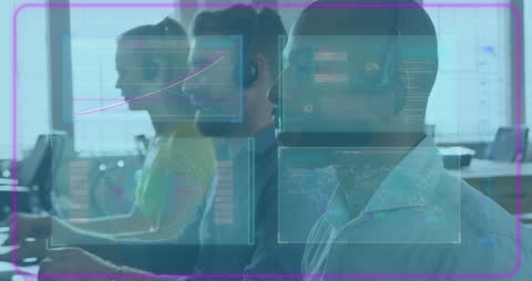 Business People Using Headsets with Futuristic Data Graphics Overlay