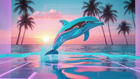 Futuristic Metallic Dolphin in Tropical Neon Landscape