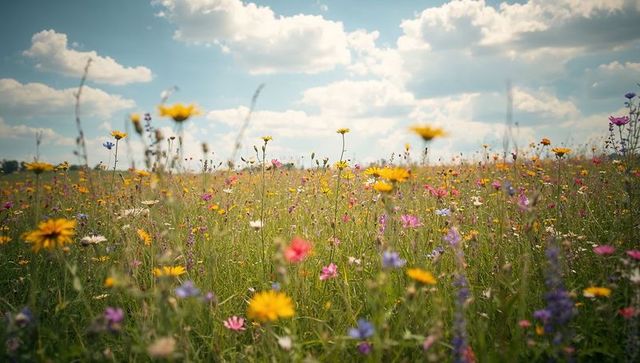Sunlit wildflower meadow blooming with yellow, pink, purple flowers under blue sky