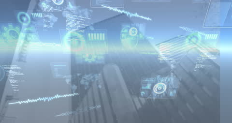 Digital Data Overlay on Modern Cityscape with Futuristic Elements