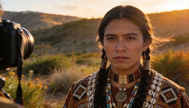 Woman wearing layered bead necklaces and patterned textile at golden hour portrait
