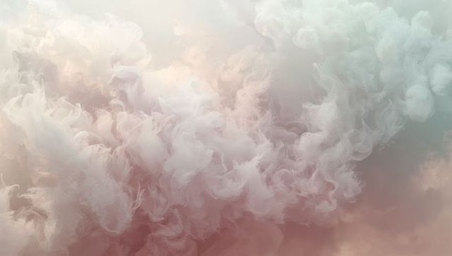 Ethereal pastel cloudscape with billowing mist and translucent vapor wisps, ambient