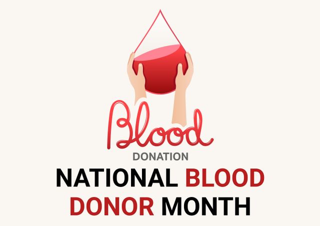 Digital composite image of hands holding drop over of national blood donor month text with donation. healthcare and awareness.