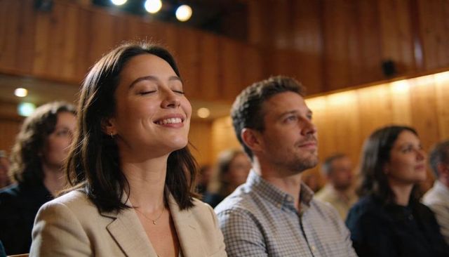 Smiling woman enjoying lecture in cozy wood auditorium with attentive man beside her