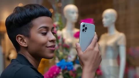 Teen checking phone and smiling near storefront window with mannequins and flowers