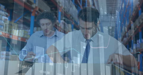 Warehouse Workers Analyzing Financial Data with Graph Overlay