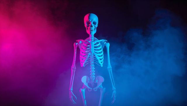 Anatomical Skeleton Model in Neon Fog Lights