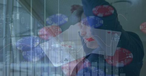 Financial Strategist Analyzing Stock Data with Gambling Allegory