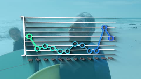 Digital Interface Overlay on Senior Couple Enjoying Beach