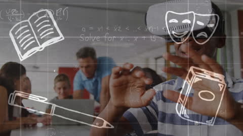 African American Boy Using VR Headset in Interactive Classroom
