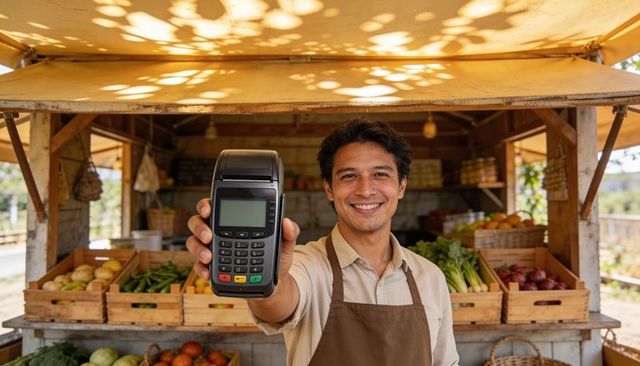 Smiling market vendor offering card payment at rustic produce stall under yellow canopy