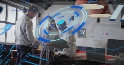 Diverse Team Collaborating with Augmented Reality Interface over Tablet in Modern Workspace