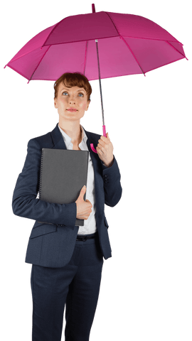 Businesswoman holding notebook and pink umbrella on transparent background