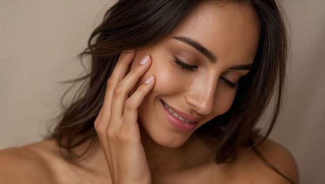 Smiling woman touching cheek with manicured nails showing natural glowing skin and soft makeup