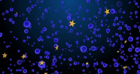 Dreamy cosmic orbs and gold stars floating over deep navy gradient abstract background