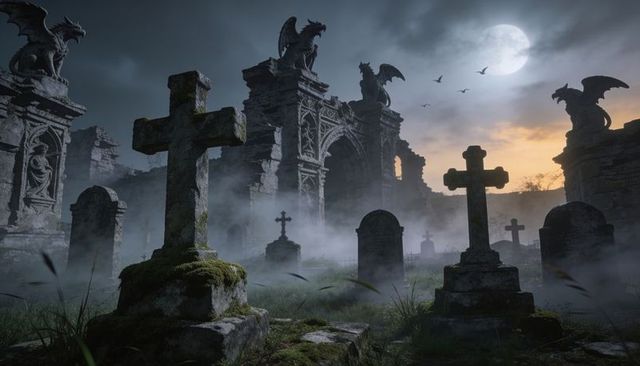 Moss-covered stone cross standing in moonlit gothic graveyard with gargoyles, fog, ruins