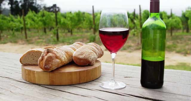 Depicts a serene outdoor scene with a glass of red wine, a bottle, and fresh bread set on an authentic wooden table with a vineyard in the background. Ideal for use in promotional materials for wine tasting events, culinary experiences, vineyard tours, or gourmet food and wine festivals. It can also be used for literature on rural living or lifestyle blogs focusing on relaxation and leisure.