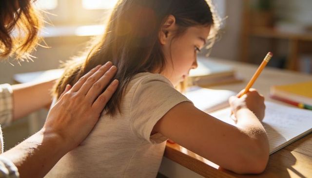 Young girl writing homework with caregiver hand supporting back, warm sunlight, focused learning
