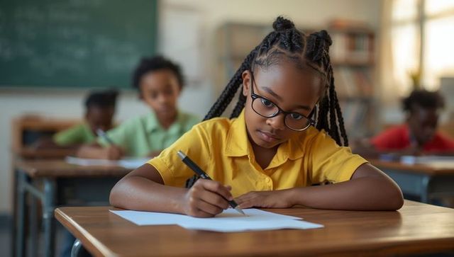 Dedicated Young Student Focusing on Schoolwork in Classroom Setting