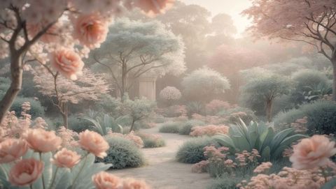 Serene stone pathway through pastel garden, garden of eden concept