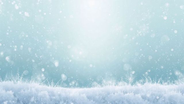 Frosted meadow with glinting snowy grass and falling snowflakes, serene winter bokeh