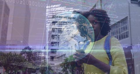 Urban commuter viewing AR globe on smartphone with data overlays and holographic streams