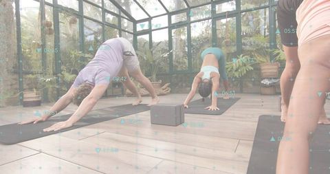 Group practicing downward dog in sunlit greenhouse for tropical wellness and mindful fitness