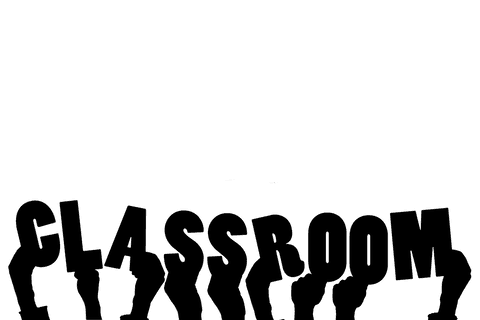 Illustrated hands with classroom text on transparent background