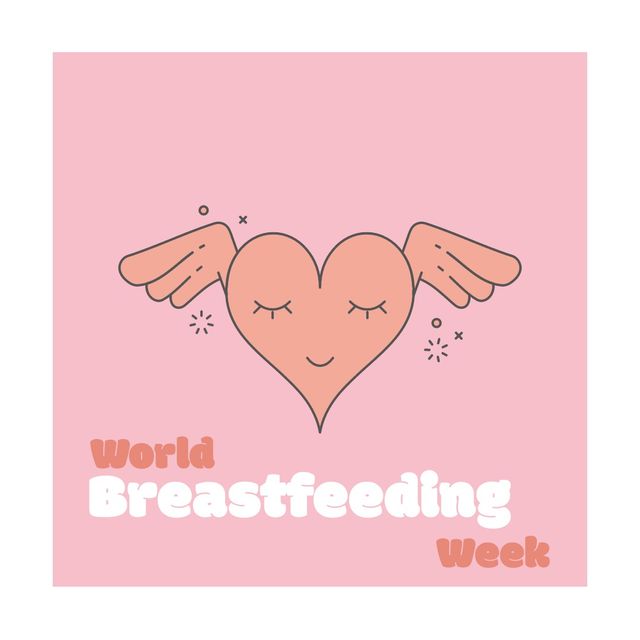 Illustration of heart shape with closed eyes and hands and world breastfeeding week text, copy space. pink background, vector, love, maternity, nurturing, healthy and awareness concept.