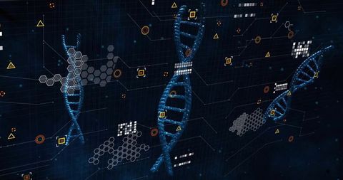Digital rotating dna helix on futuristic biotech interface