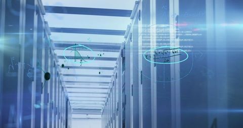 Mathematical equations overlay on computer servers in data center