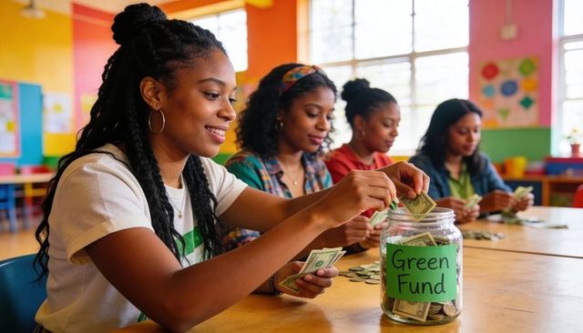 Teen volunteers collecting green fund donations and counting money in colorful classroom