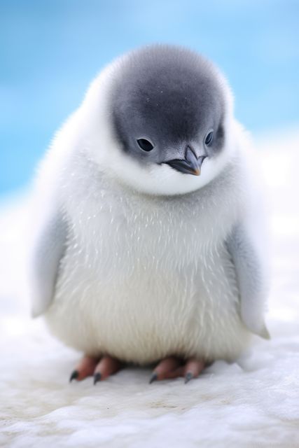 Fluffy baby emperor penguin chick standing on snowy ground with soft blue background. Ideal for content related to wildlife, nature, Antarctic animals, and lovable baby animals. Great for educational materials, children's books, and animal conservation advocacy.
