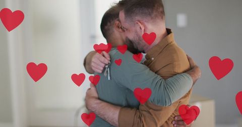 Diverse Gay Couple Embracing in Heart Overlay, Pride and Love Celebration