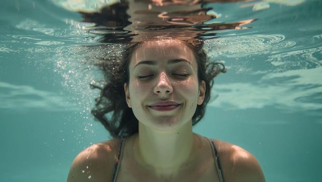 Floating woman holding breath and smiling with eyes closed under turquoise pool surface